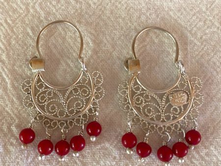 Silver Filigree Earrings with Coral Beads Hot on Sale